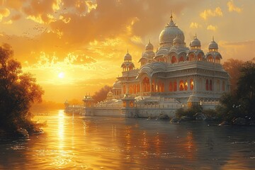 Golden Sunset at the Taj Mahal Generative AI - obrazy, fototapety, plakaty