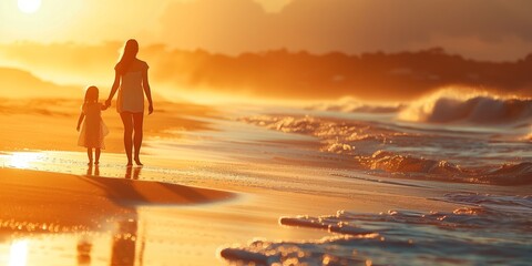 Fototapeta premium Sunset Serenity: Mother-Daughter Beach Walk