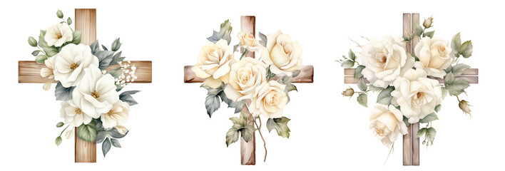 Set of Christian crosses. Floral cross with flowers. Watercolor painted illustration for Easter, Happy Easter Isolated cutout on transparent background.