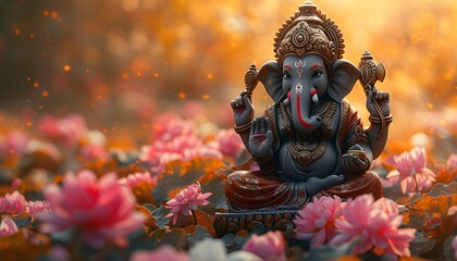 Ganesh the Guru of Good Fortune A Golden Ganesha Statue in a Garden of Flowers Generative AI
