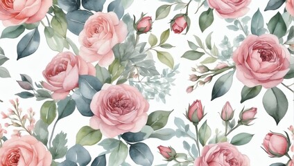 Dusty rose floral pattern. Watercolor tender flowers.