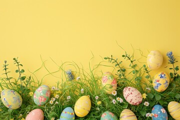 Happy Easter Eggs Basket allegory. Bunny in flower easter Glittering decoration Garden. Cute hare 3d visual effect easter rabbit spring illustration. Holy week fragrance card wallpaper peeps