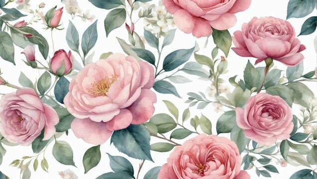 Dusty rose floral pattern. Watercolor tender flowers.