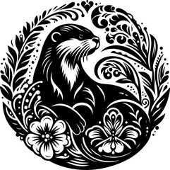 otter silhouette flowers ornament decoration, floral vector design