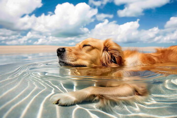 Golden Retriever dog peacefully floating in crystal waters with a clear sky backdrop.