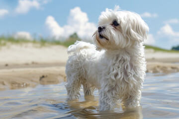 White Maltese dog peacefully standing in water, with clear sky.