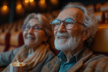 An older couple enjoys a movie together in a theater, eating popcorn and fully engrossed in the film.