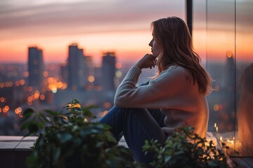 A serene woman sitting on a window sill, gazing out at the sprawling cityscape below.