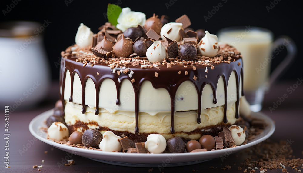 Poster Homemade chocolate dessert on wood table, indulgence for sweet tooth generated by AI