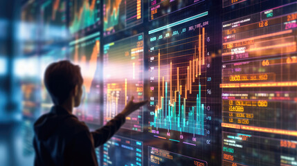 People looking at digital stock market display