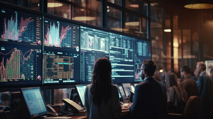 People looking at digital stock market display