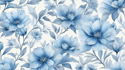 Ice blue floral wallpaper. Watercolor ethereal blooms.