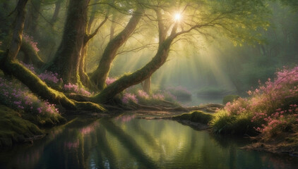 Illustration of a forest with a river, magically illuminated by the light of the evening sun. Spring landscapes series. - obrazy, fototapety, plakaty