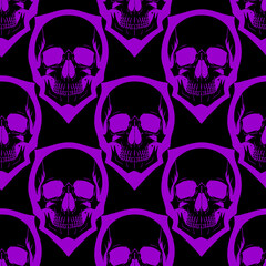 seamless symmetrical pattern of purple human skulls on a black background, texture, design