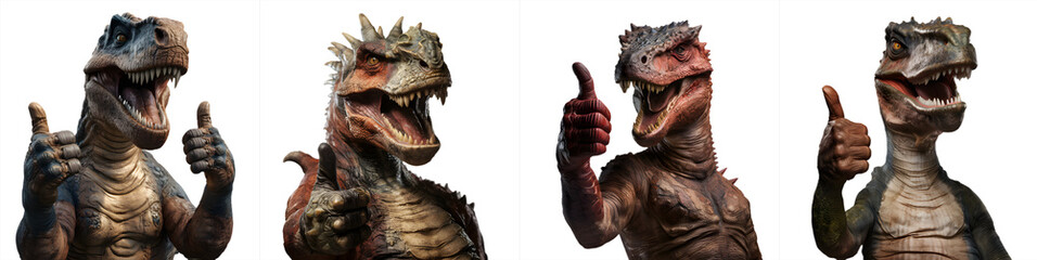 Collection, dinosaur show thumbs-up and okay sign, on transparent background	
