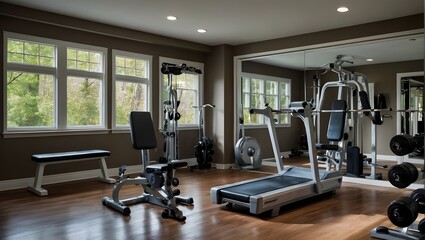 Spacious Home Gym with Variety of Equipment, Natural Light, and Modern Design, generative AI