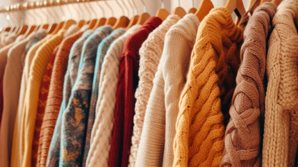 Sweaters hanging in the closet, Knitted clothes