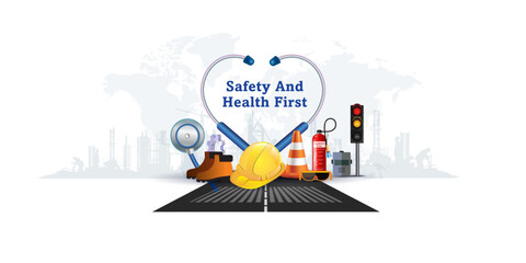 World Day for Safety and Health at Work. Prevention of occupational accidents and diseases poster banner. Workers Employees Labor safety and health care concept.