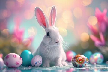 Happy Easter Eggs Basket adorable. Bunny in flower easter annuals decoration Garden. Cute hare 3d Celebration easter rabbit spring illustration. Holy week Retirement Card card wallpaper decor