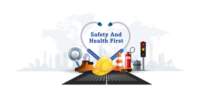 World Day for Safety and Health at Work. Prevention of occupational accidents and diseases poster banner. Workers Employees Labor safety and health care concept.