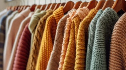 Sweaters hanging in the closet, Knitted clothes