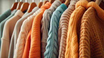 Sweaters hanging in the closet, Knitted clothes