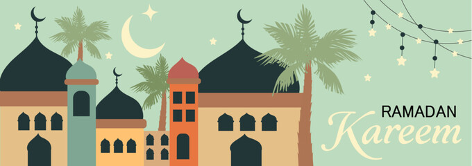 Ramadan Kareem banner, poster holiday cover template. Modern art design in pastel colors with pattern of beautiful arabian old ancient city against the backdrop of a bright  crescent moon and stars