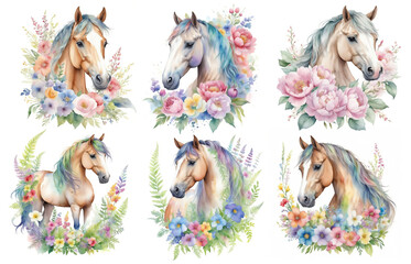 Collection of horse portraits with flowers hand drawn watercolor illustration