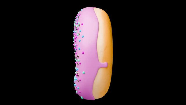 Pink Donut with Sprinkles Rotating on a Black Background. Seamless Loop of Doughnut spinning. 3d Rendered Animation of Pastry and Confectionery