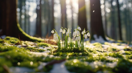 Natural spring with delicate snowdrop flower buds in the forest