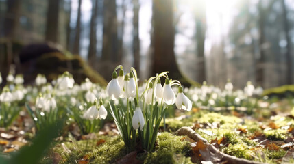 Natural spring with delicate snowdrop flower buds in the forest