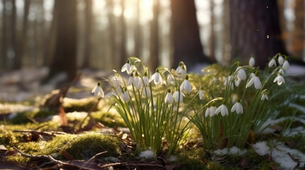Natural spring with delicate snowdrop flower buds in the forest