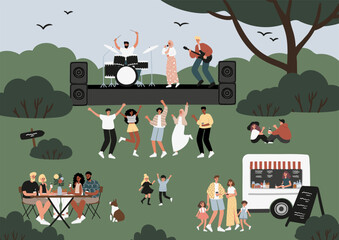 Open-air concert at music festival poster, musicians performing on stage card, people dancing, enjoying drink at food truck, having fun in park vector illustration, characters spending time outdoors.