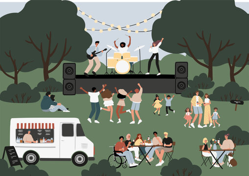 Open-air concert at music festival poster, musicians performing on stage card, people dancing, enjoying drink at food truck, having fun in park vector illustration, characters spending time outdoors.
