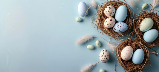 Easter Eggs Nestled in Straw on Pastel Blue Background