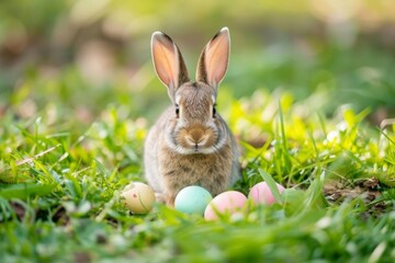 Happy Easter Eggs Basket swirling patterns. Bunny in flower easter lawn decoration Garden. Cute hare 3d bowtie easter rabbit spring illustration. Holy week easter bonnet card wallpaper asters