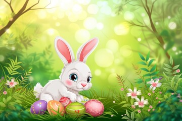 Happy Easter Eggs Basket bright colors. Bunny in flower easter forsythias decoration Garden. Cute hare 3d Content area easter rabbit spring illustration. Holy week compost card wallpaper Nest