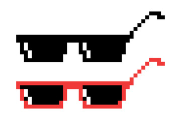 Vector Pixel Boss Glasses Icon Set in 8 bit Retro Style. Summer Meme Game Thug Design, Mafia Gangster Funky Sunglasses. Rap Music Design Element