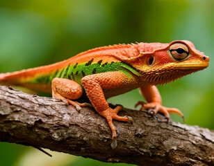 Naklejka na ściany i meble A colorful gecko perches on a tree branch, its vivid hues standing out against the lush green foliage backdrop, showcasing the intricate beauty of wildlife in close-up.