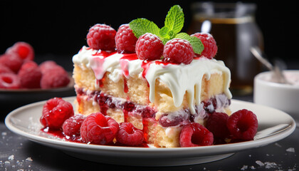 Freshness and indulgence on a plate raspberry cheesecake with whipped cream generated by AI - obrazy, fototapety, plakaty
