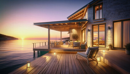 beautiful terrace by the sea at sunset 