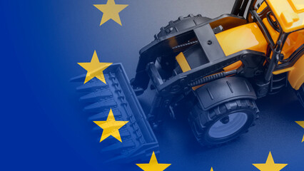 Yellow tractor on white background, European union flag, farmers planting concept. Tractor and flag...