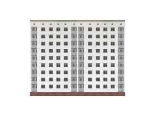 Nine-storey white apartment skyscraper building, isolated on transparent background.	
