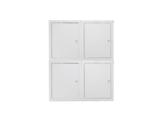 Four white electric meter boxes is isolated on a transparent background.