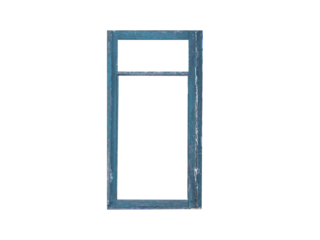Old blue wooden window frame is isolated on transparent background.	