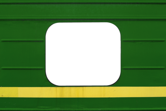 Empty window with copyspace on a green passenger car of a train with a yellow stripe below.