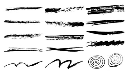 Charcoal strokes. Pencil strokes. Marker strokes. Brushes of different shapes on a white background. Vector brushes in grunge style. Vector horizontal lines in pencil. Vector lines coal, drawn by hand