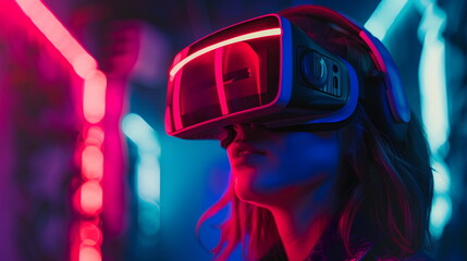 Woman using VR googles - obrazy, fototapety, plakaty