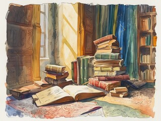 Watercolor Illustration of a Islamic Scholar's Study Generative AI