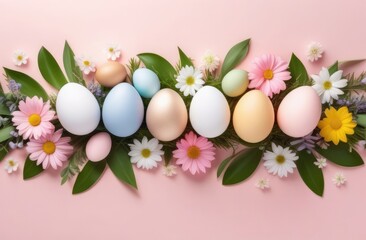 Obraz na płótnie Canvas Easter eggs are arranged in a row, a postcard